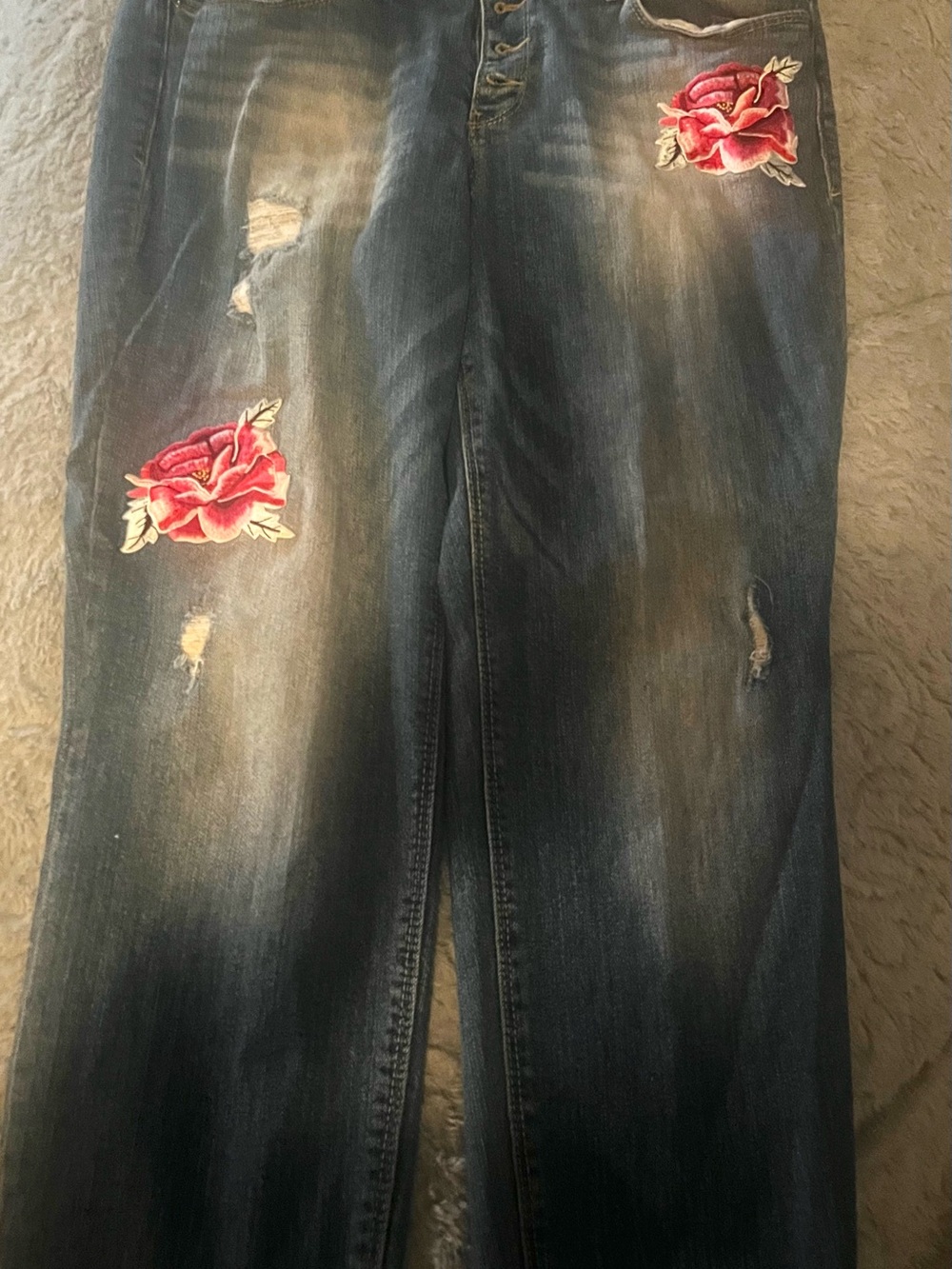 Women's Dark Blue Skinny Jeans with Red Rose Embroidery